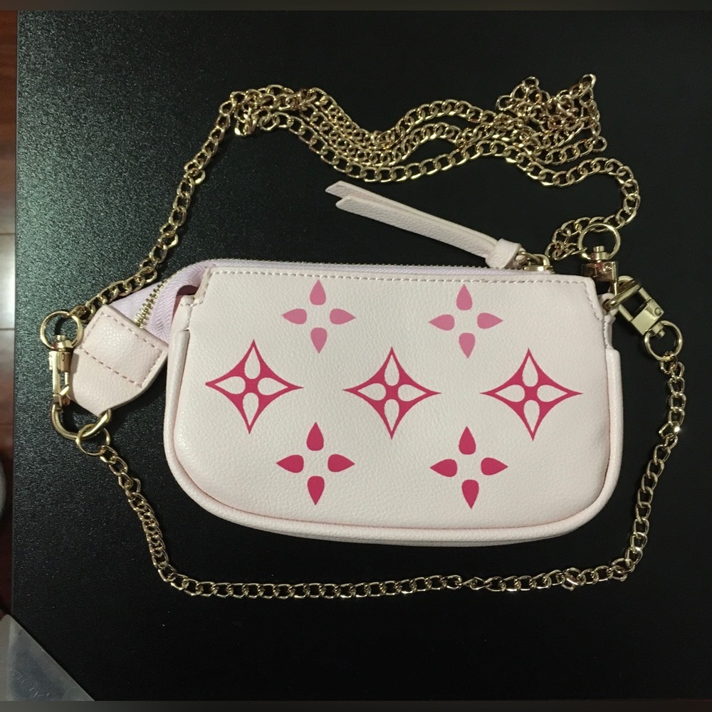 Small Baby Pink Wristlet Clutch Pouch Zipper Crossbody Bag Purse with Gold chain